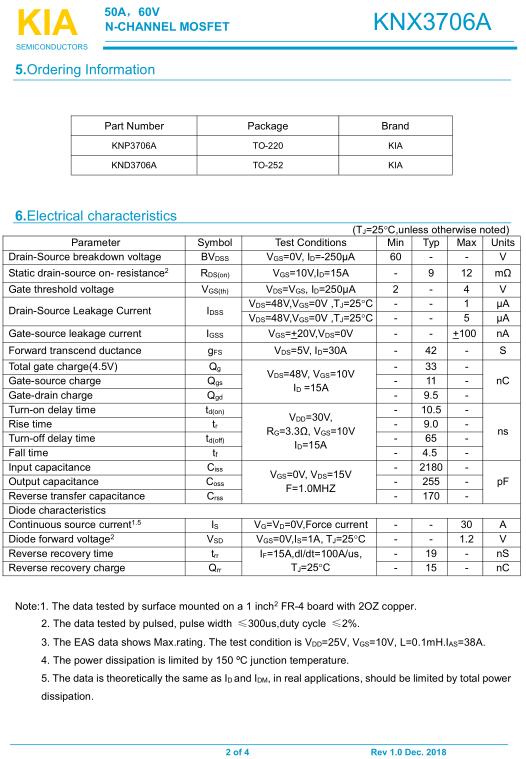 無(wú)刷電機MOS管,KNX3706A,50A/60V