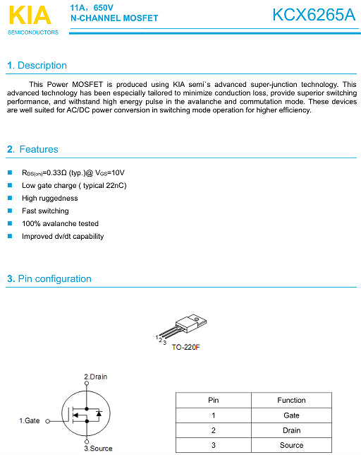 KCX6265A,11A/ 650V,TO-220F