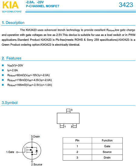 MOS管,3423,-2.0A/-20V