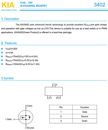 MOS管,KIA3402,4.0A/30V